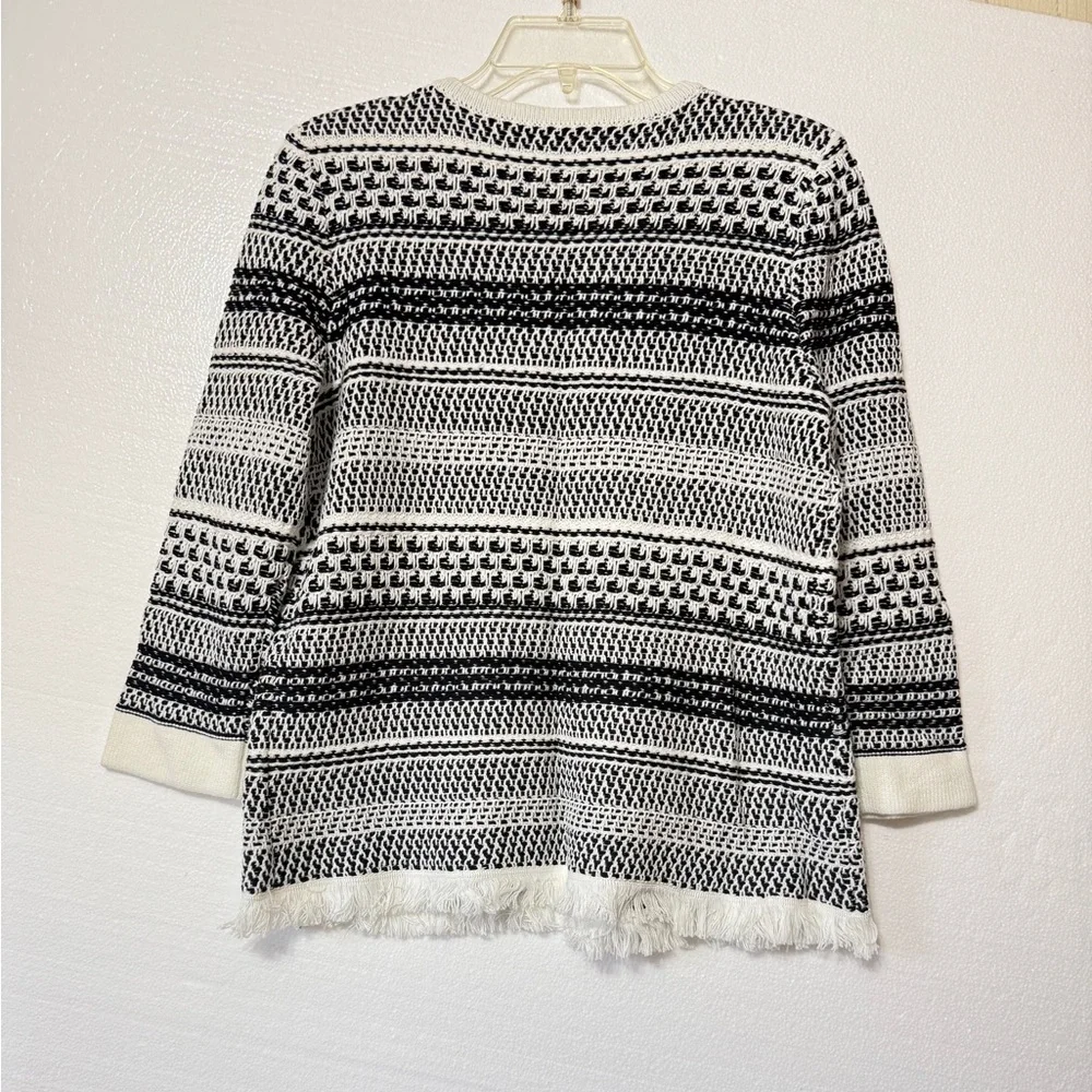 KASPER‎ Black White Stripe Knit Open  Front Cardigan Sweater Small Fringe Hem